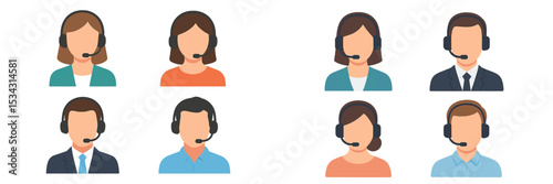 Flat vector illustration of diverse customer service representatives in a call center setting with headsets
