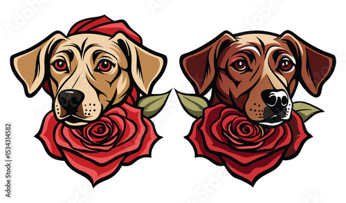 Photo of two canine portraits, a tan and a brown dog nestled in crimson roses, isolated on white background
