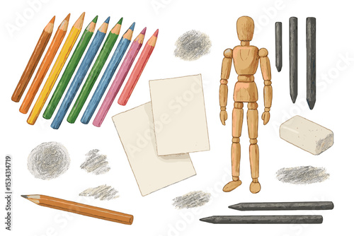 Creative workspace with art supplies including colored pencils, sketch paper, and a wooden mannequin for inspiration