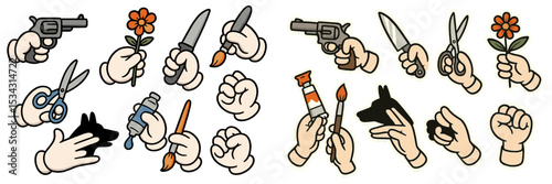 Exploring various hand gestures and tools for creative and expressive activities in a flat vector style illustration