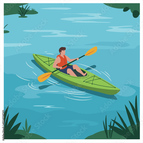 Man kayaking in the water, sitting on green kayak with paddle, summer recreation activity, flat illustration