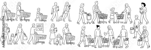 People engaging in grocery shopping activities in a modern supermarket setting illustrating various family dynamics and interactions