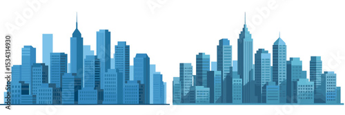 Stylized vector flat illustration of urban skyline with modern skyscrapers during daytime