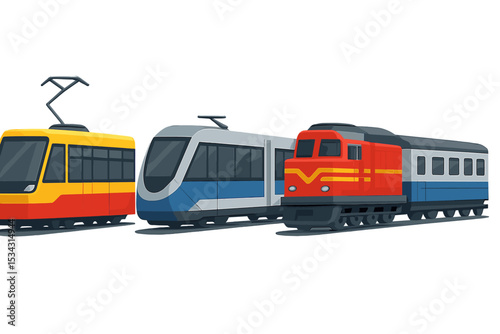 Colorful vector flat illustration of different train types showcasing urban and rural transport options