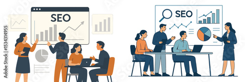 Professionals collaborating on SEO strategies in an office setting during a workday with data visuals