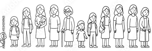 Diverse group of women and children representing various ages and stages of life in a flat vector illustration