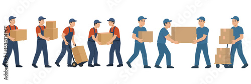 Delivery workers conducting various activities with packages in a warehouse setting during the day