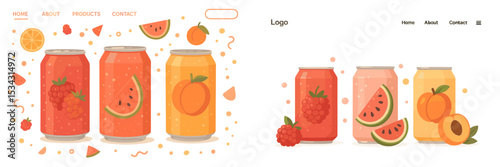 Colorful vector flat illustration of fruity beverage cans with watermelon, raspberry, and orange flavors