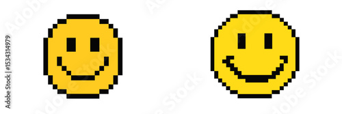 Vector flat illustration of two pixel art smiley faces representing happiness and positivity in digital design