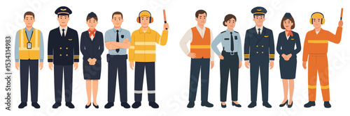 Diverse group of airport professionals in various uniforms engaged in different roles during daytime operations