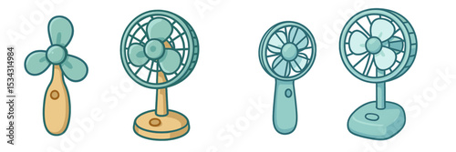 Various types of fans showcasing different styles and designs in a playful, colorful vector flat illustration