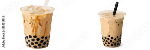 Refreshing bubble tea drinks with tapioca pearls served in clear cups during a sunny afternoon
