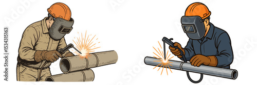 Welders performing metal work with sparks flying in a workshop setting during daytime