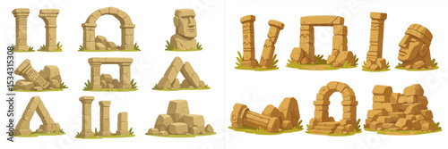 Exploration of ancient ruins in a flat vector illustration showcasing detailed stone structures and artifacts
