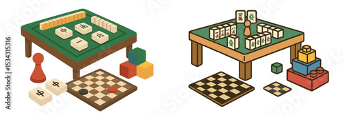 Vector flat illustration of traditional board games with pieces and colorful cubes on tables in a casual indoor setting