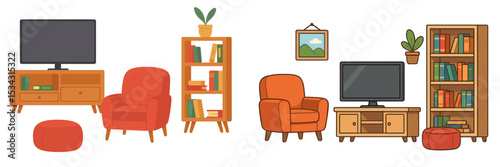Cozy living room interior design with modern furniture and warm color scheme featuring stylish bookshelves and relaxing seating