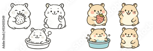 Cute hamsters enjoying strawberries and bath time in a delightful vector flat illustration
