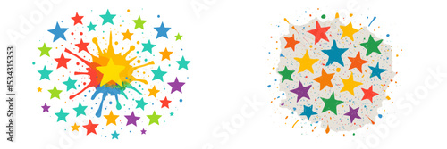 Bright colorful star explosion and pattern in vector flat illustration for festive themes and celebrations