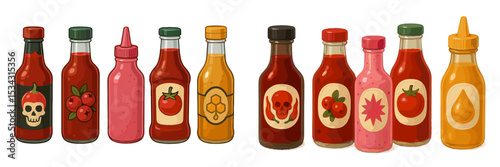 Variety of sauce bottles in colorful designs displayed on a table for culinary enthusiasts