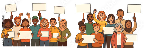 Diverse group of individuals participating in a peaceful demonstration with blank signs in a community setting