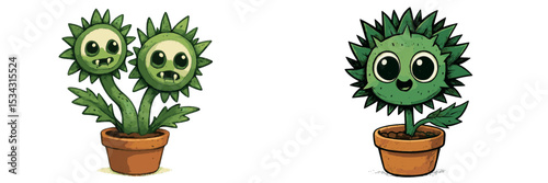 Charming vector flat illustration of cute cartoon plants in pots, each with playful faces and unique characteristics in a whimsical style