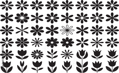 Black and White Floral Symphony: An array of stylized black floral shapes in varying designs dance across the canvas, a study in monochrome elegance and natural motifs.