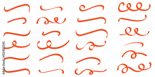 A set of strikethrough underlines. Orange brush stroke underline. Marker pen highlight stroke. Vector swoosh brush underline set for accent, marker emphasis element. eps10