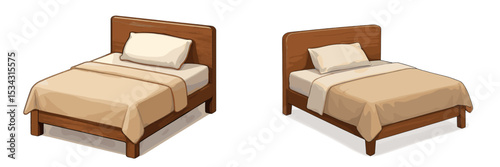 Flat vector illustration of two wooden beds with beige bedding in a minimalistic style