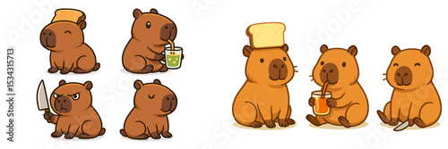 Cute capybaras enjoying snacks and drinks in a playful setting with friends around them