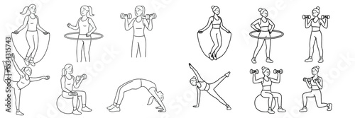 Diverse fitness activities featuring women exercising with weights, hoops, and balls in a vibrant health setting
