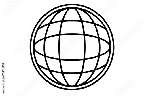 Stylized Black and White Globe Representation with Lines Outlining the Continents and Latitude