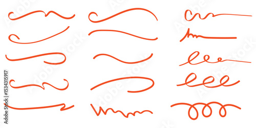 A set of strikethrough underlines. Orange brush stroke underline. Marker pen highlight stroke. Vector swoosh brush underline set for accent, marker emphasis element. eps10