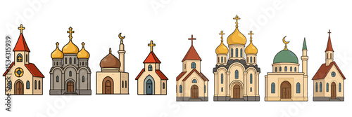 Diverse architectural styles of religious buildings in a flat vector illustration showcasing various designs