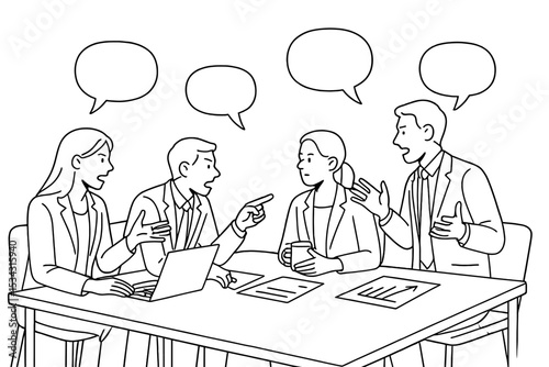 Team discussing project ideas during a meeting in a modern office environment with interactive dialogue representation