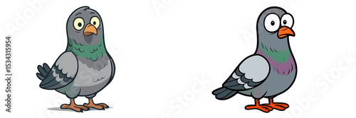 Colorful vector flat illustration of cartoon pigeons standing side by side in a playful urban setting during the day