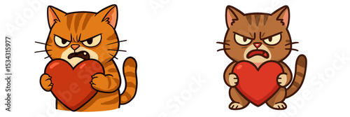 Cartoon cats expressing emotions with heart-shaped symbols during a playful moment