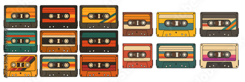 Colorful vintage cassette tapes arranged in a flat vector illustration depicting retro music culture in a playful manner
