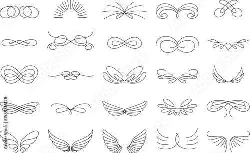 Elegant Ornament Collection: A sophisticated assortment of ornate design elements, rendered in a clean, minimalist style. Perfect for adding a touch of grace and flair to any project.