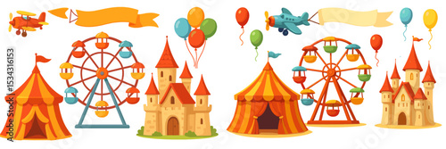 Colorful carnival and amusement park illustrations featuring castles, ferris wheels, and balloons in a festive setting