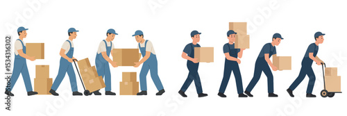 Illustration of workers transporting boxes in a warehouse setting during daytime