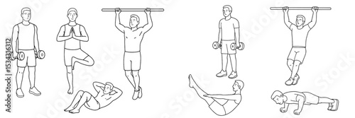 Fitness activities featuring diverse exercises including weightlifting, yoga, and bodyweight training in a minimalist design
