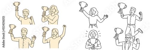Happy people celebrating with trophies during an awards ceremony in a vibrant atmosphere of achievement and joy