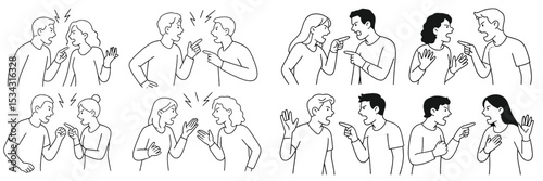 Communication challenges and conflict resolution illustrated in a vector flat design with diverse characters expressing emotions