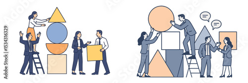 Team members collaborating on geometric structure construction in a modern workspace environment