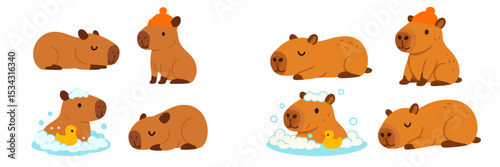 Playful capybaras enjoying winter activities and relaxation in a cozy flat illustration style