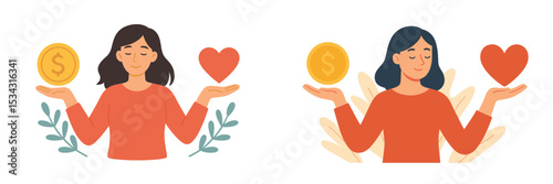 Balancing love and money in a flat vector illustration showcasing two women with coins and hearts