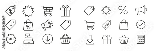 Collection of minimalistic sale and shopping icons for digital and print design applications