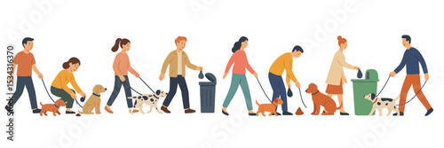 People walking various dogs in a park while disposing of waste during a sunny day
