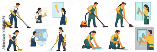 Cleaning activities illustrated in a vector flat design with workers performing various cleaning tasks in different settings