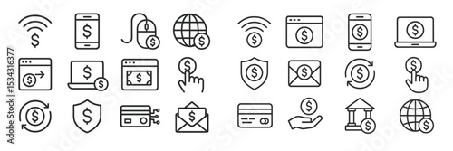 Collection of digital finance icons representing online payment and security elements in a minimalist design